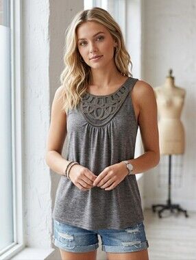 AB Studio Metallic Embellished Bib Neck Tank Top Gray Small